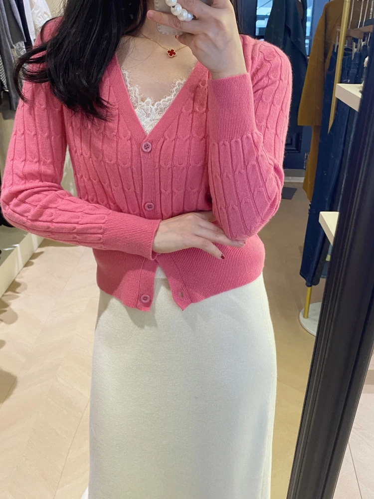 

Сексуальный шерстяной кардиган с кружевными вставками и V-образным вырезом, шелковый, с длинными рукавами, женский, стандартной длины, вязаный топ-кардиган