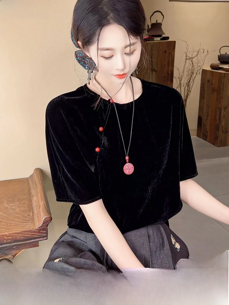 

Elegant Young Silk Velvet Top Summer Fashion Loose Fit round Neck Short Sleeve Black T-Shirt for Women Moisture Wicking