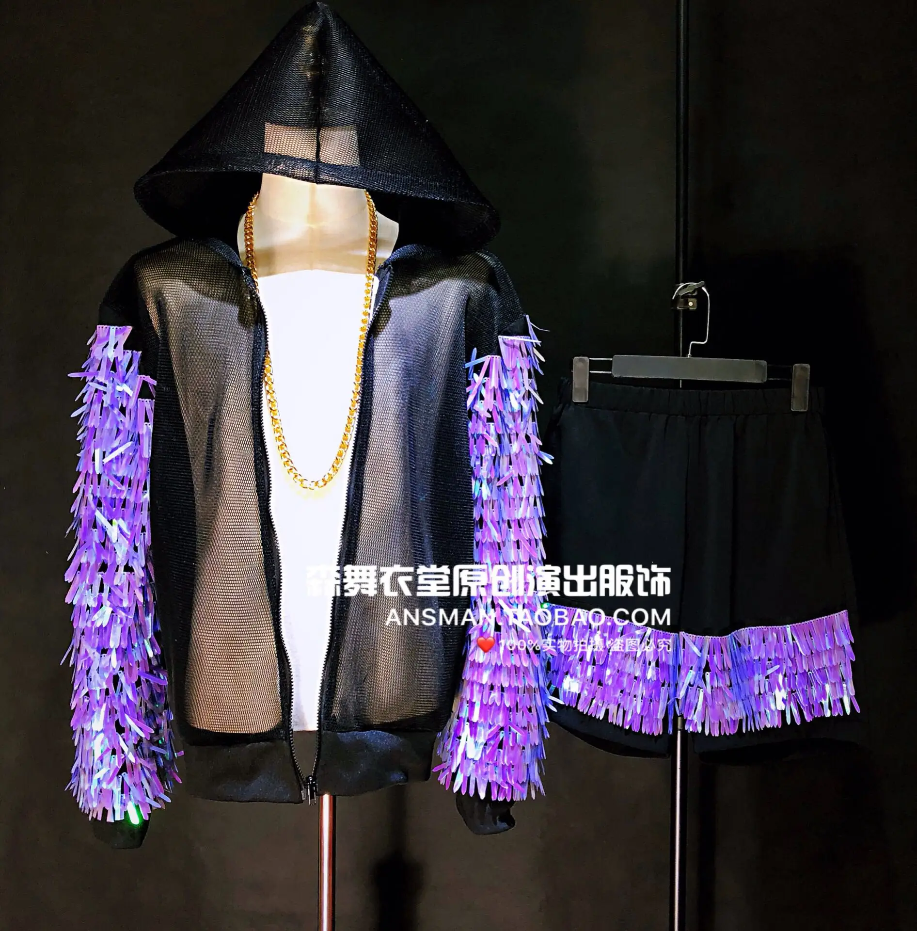 

Symphony Blue Purple Fringed Hooded Jacket+Shorts Nightclub Bar DJ Male Singer Hip-Hop Baseball Uniform Performance Clothing Set