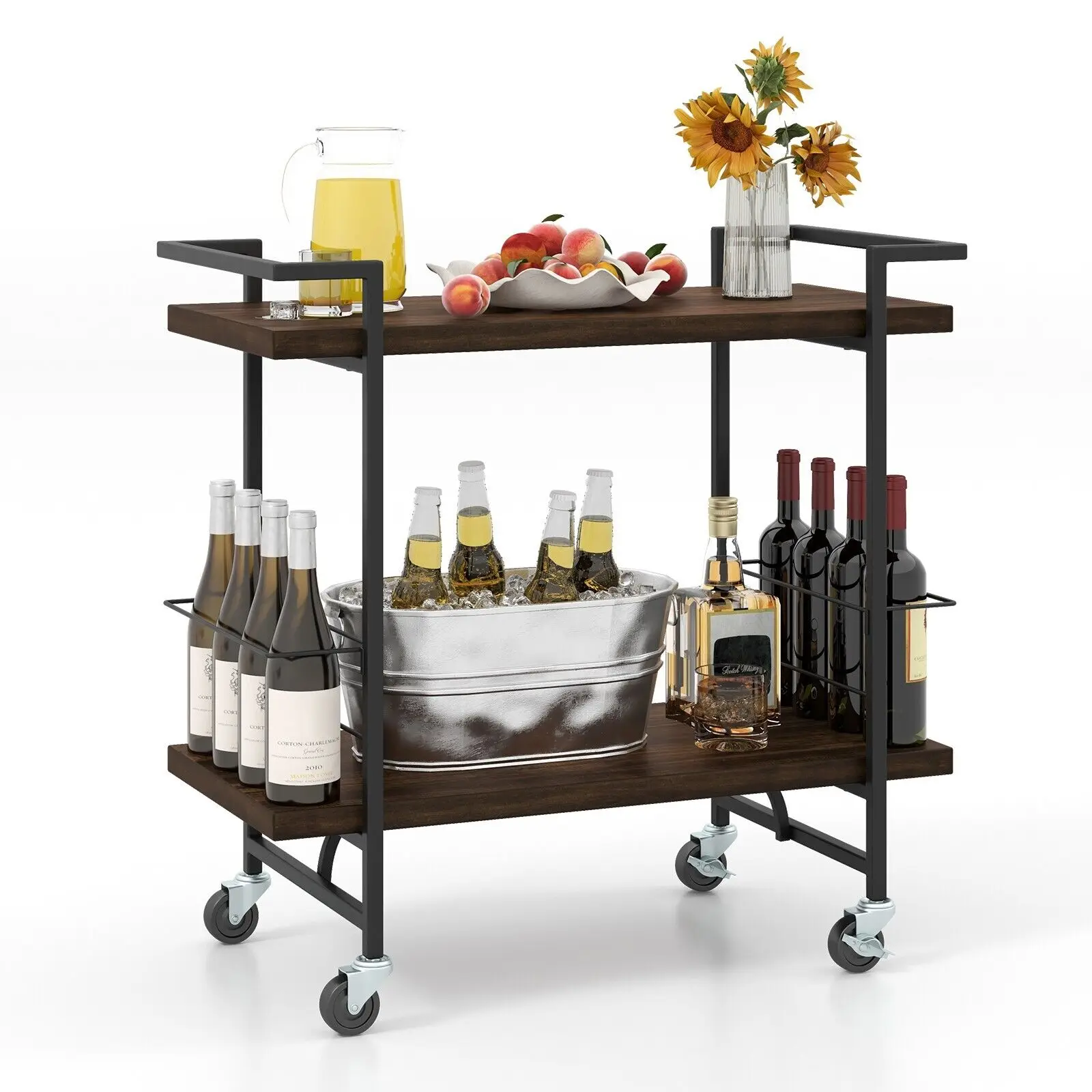 GOFLAME 2-tier Home Bar Cart Kitchen Dining Storage Mobile Cart w/Lockable Wheel