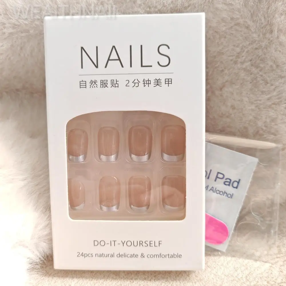 24PCS New Short Ballerina False Nails Cat Eye French Press on Nails Full Cover Shining Crystal Nail Tips DIY