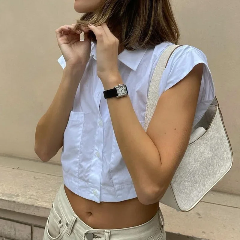 

White Single Breasted Lapel Tops Sumemr Casual Crop Tops Patchwork Short Sleeve Bottoming Skinny Batwing Sleeve Backless Tees