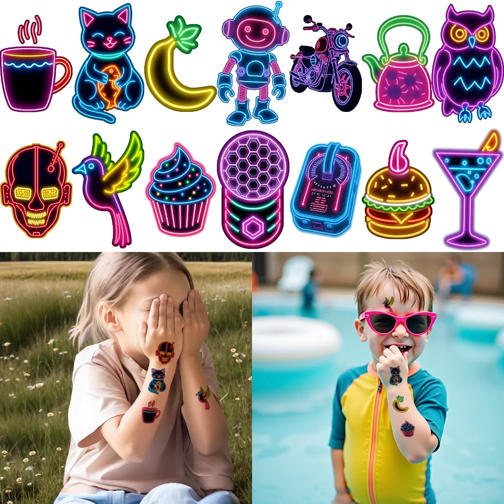 

54pcs Temporary Tattoo Neon Stickers Waterproof Long-lasting Body Stickers Colorful Stickers Neon Light For Arms Children