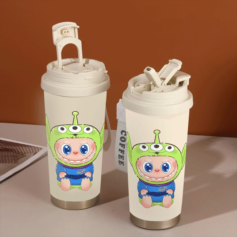 

Labubu Water Cups 304 Stainless Leakproof Women Cartoon Insulated Cups Labubu Anime Kawaii Fitness Sports Portable Handle