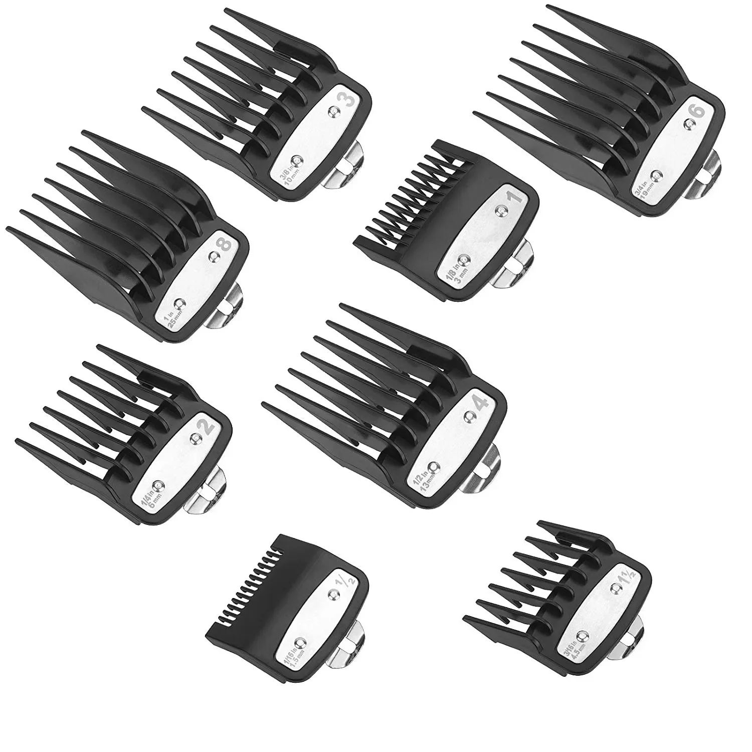 8pcs/set , Professional Premium Cutting Guide comb with Metal Clip For wahl many hair clippers ， '1/16'in to '1'in Set