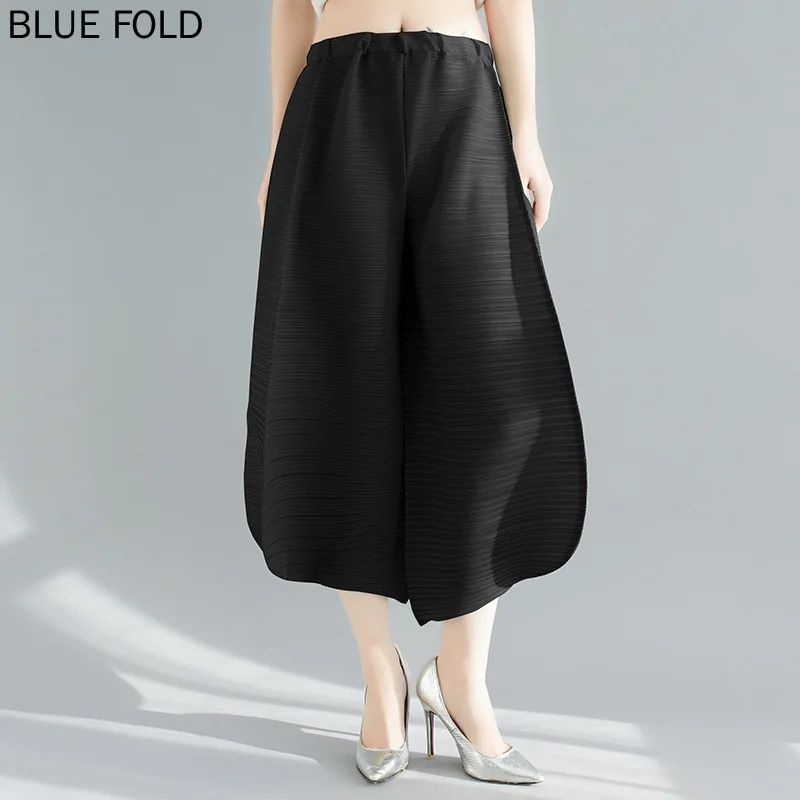 MIYAKE-Pleated Casual Harem Pants for Women, Loose, Natural Waist, Cropped Pants, Thin 3-Home Pleats, Simple Clothing