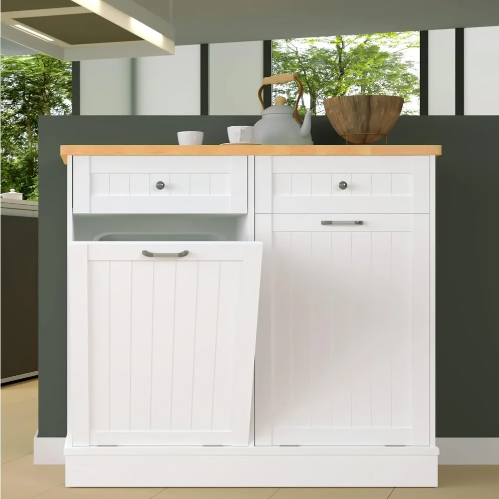 

Tilt Out Trash Cabinet 10 Gallon Wooden Free Standing Laundry Sorter Cabinet,Recycling Cabinet with Hideaway Drawer