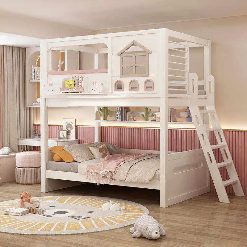 Modern Pink Solid Wood Kids Bunk Bed with Slide Stair Cabinet Storage Double Drawers Home Hotel Use