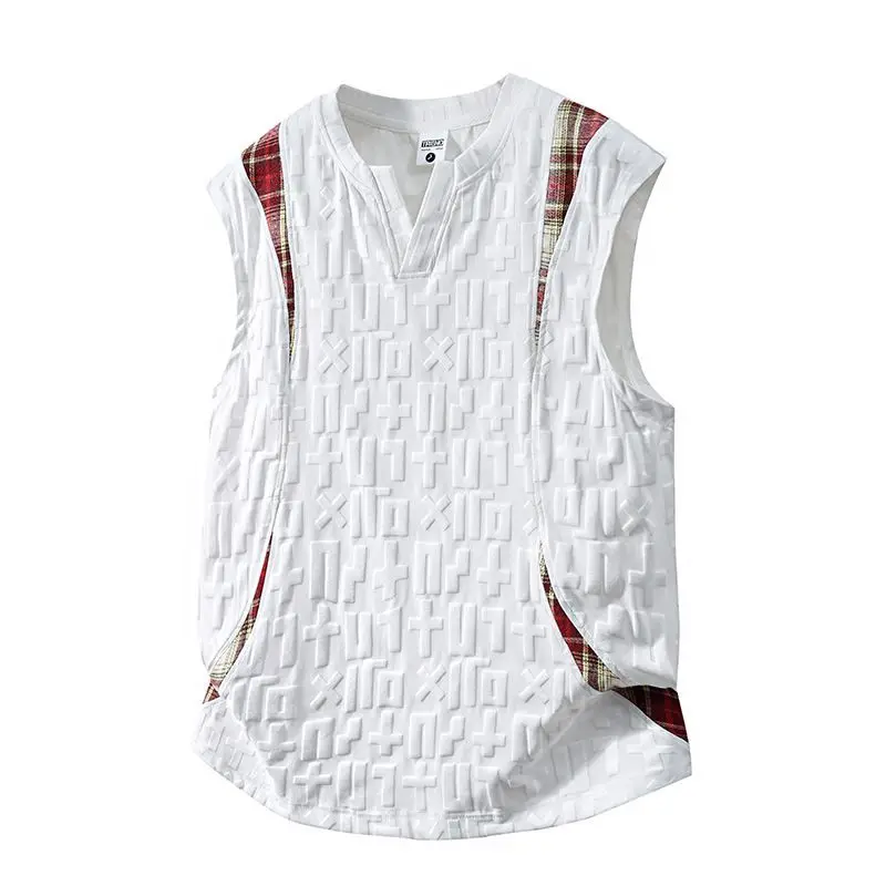 Men's Sleeveless Tank Top with Geometric Embossed Pattern and Plaid Shoulder Straps V Neck Casual Summer Vest