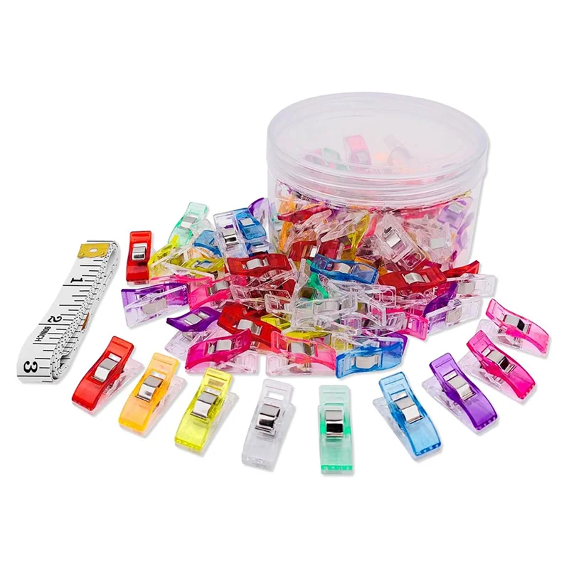 ABBN-Clips de plástico premium, paquete de 100 clips de costura para acolchar y manualidades con caja de hojalata, colores surtidos, 1 cinta métrica para coser