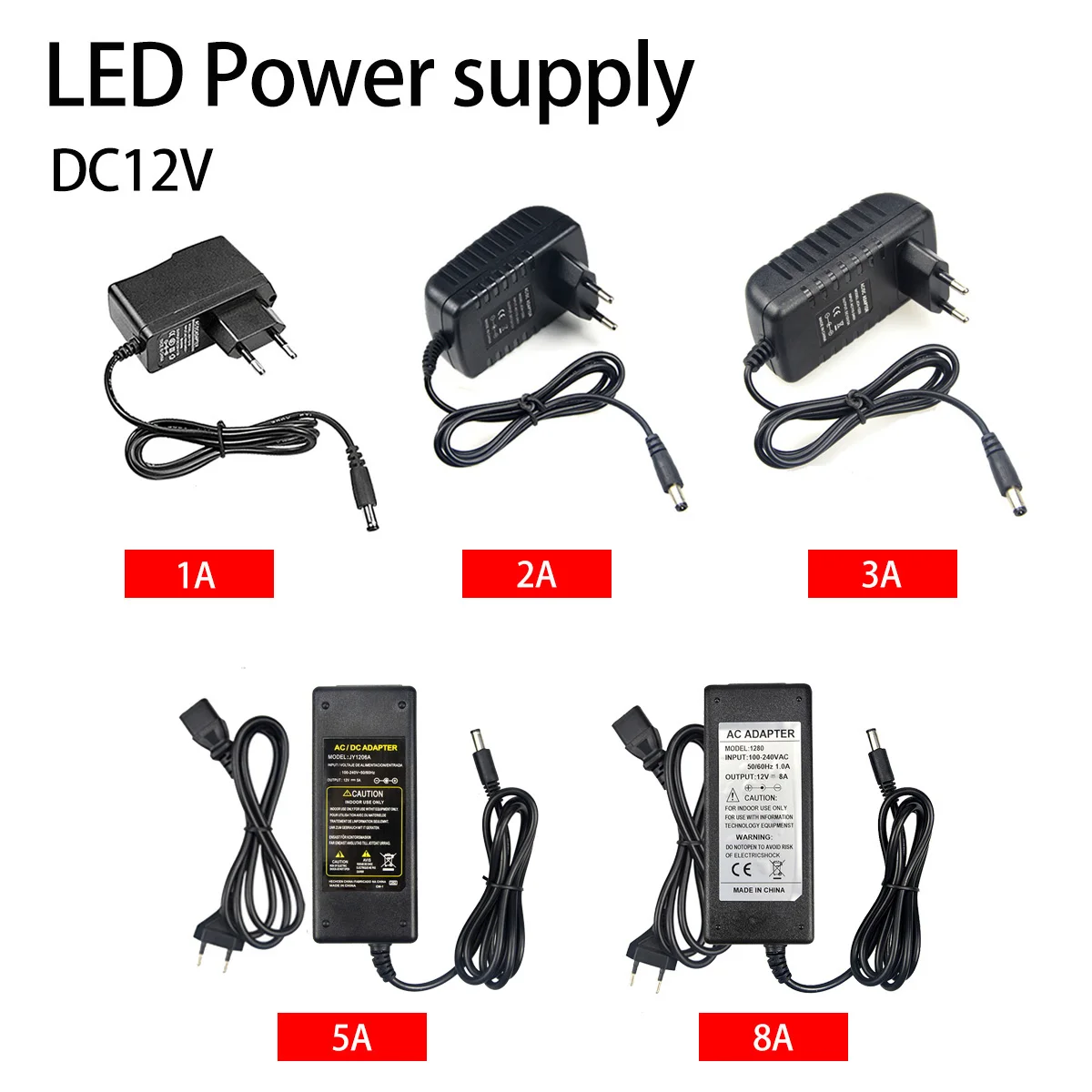 AC 100-240V DC 12 Volt  1A 2A 3A 5A 8A Adapter Power Supply Eurepean Plug Source Charger Converter LED Driver for Lamp Tape Bar