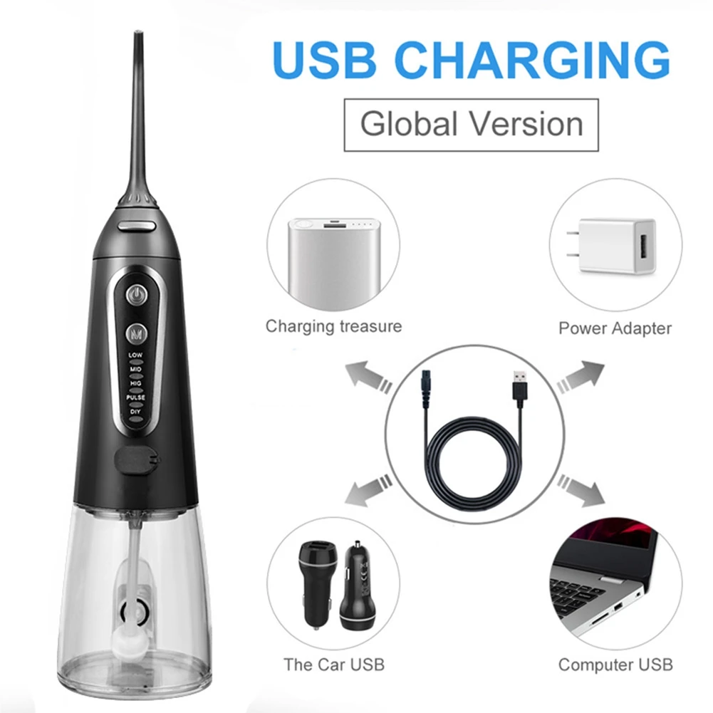 5 Modes Oral Irrigator USB Type-C Rechargeable Portable DentaJet 300Ml Irrigator Dental Teeth Cleaner Black