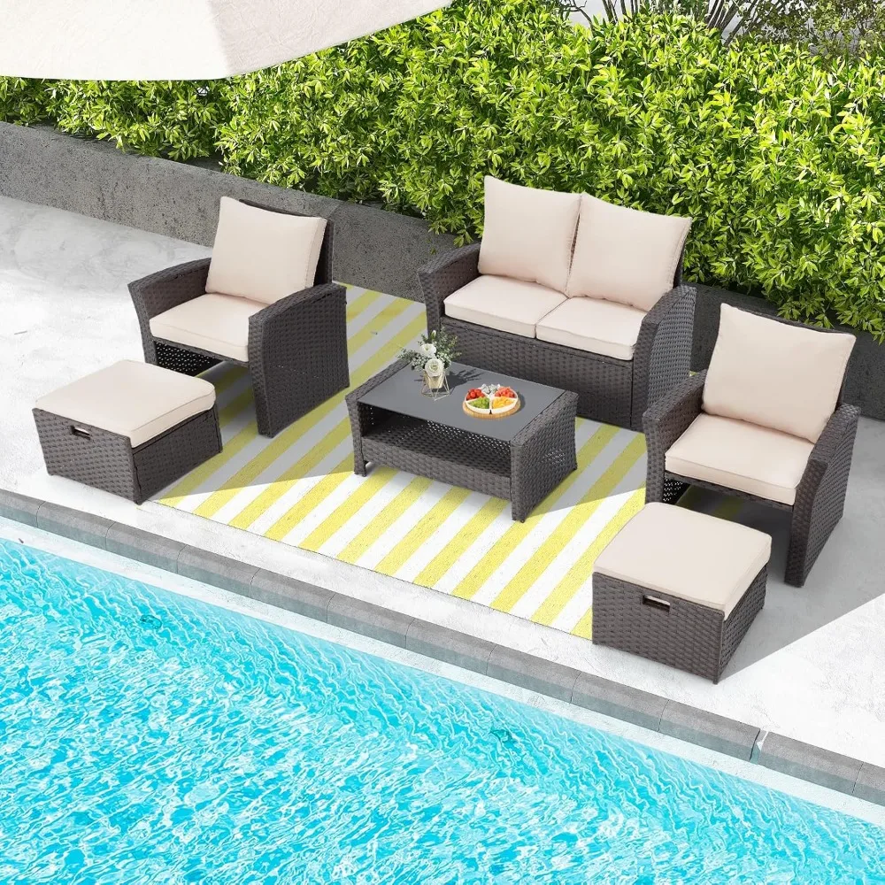 

6-piece Courtyard Furniture Set, Outdoor Segmented Dialogue Rattan Sofa Set with Ottoman Style, and Garden Outdoor