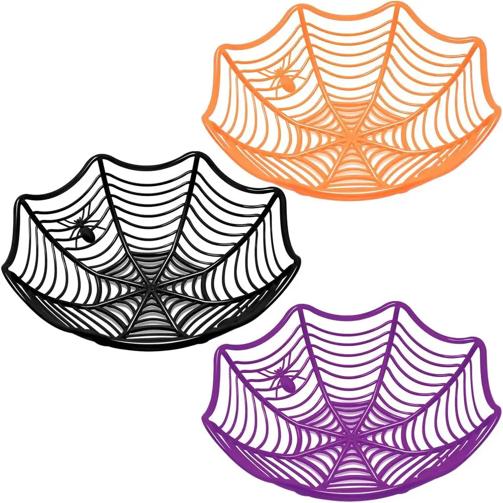 3 Pack Halloween Web Candy Bowls, 11 Inch Plastic Cobweb Design Serving Bowls in Orange, Black, and Purple for Halloween Party D