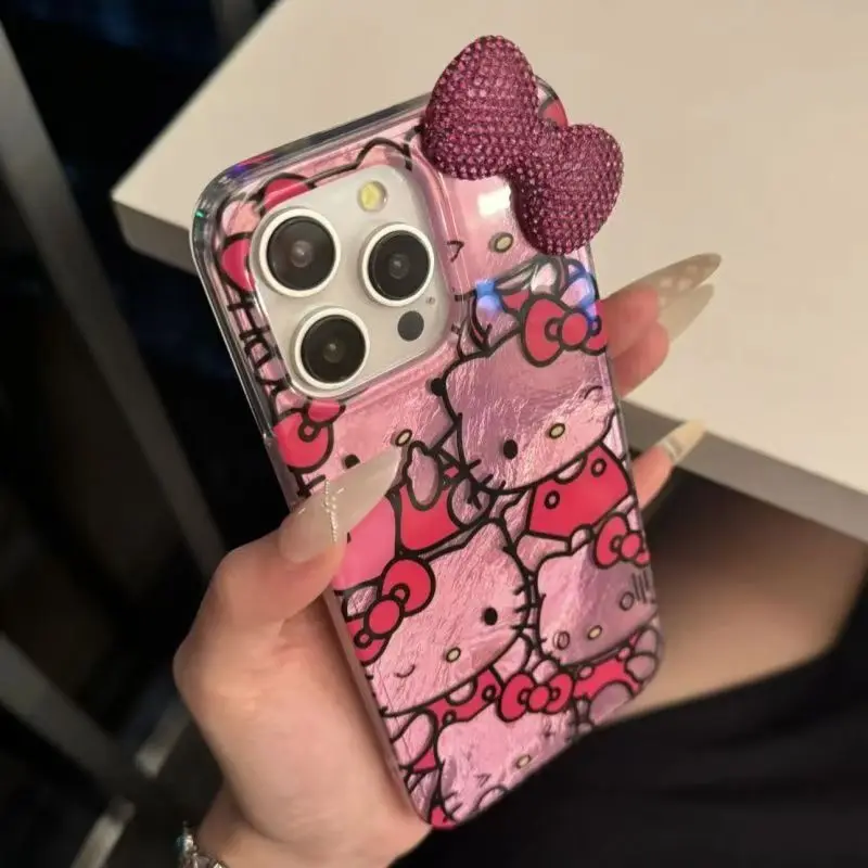 Full Screen Lines Hello Kitty Pink Diamond Bow Phone Case For iPhone 16 15 14 12 13 11 Pro Max XR XS MAX 7 8 PLUS MINI Y2K Cover