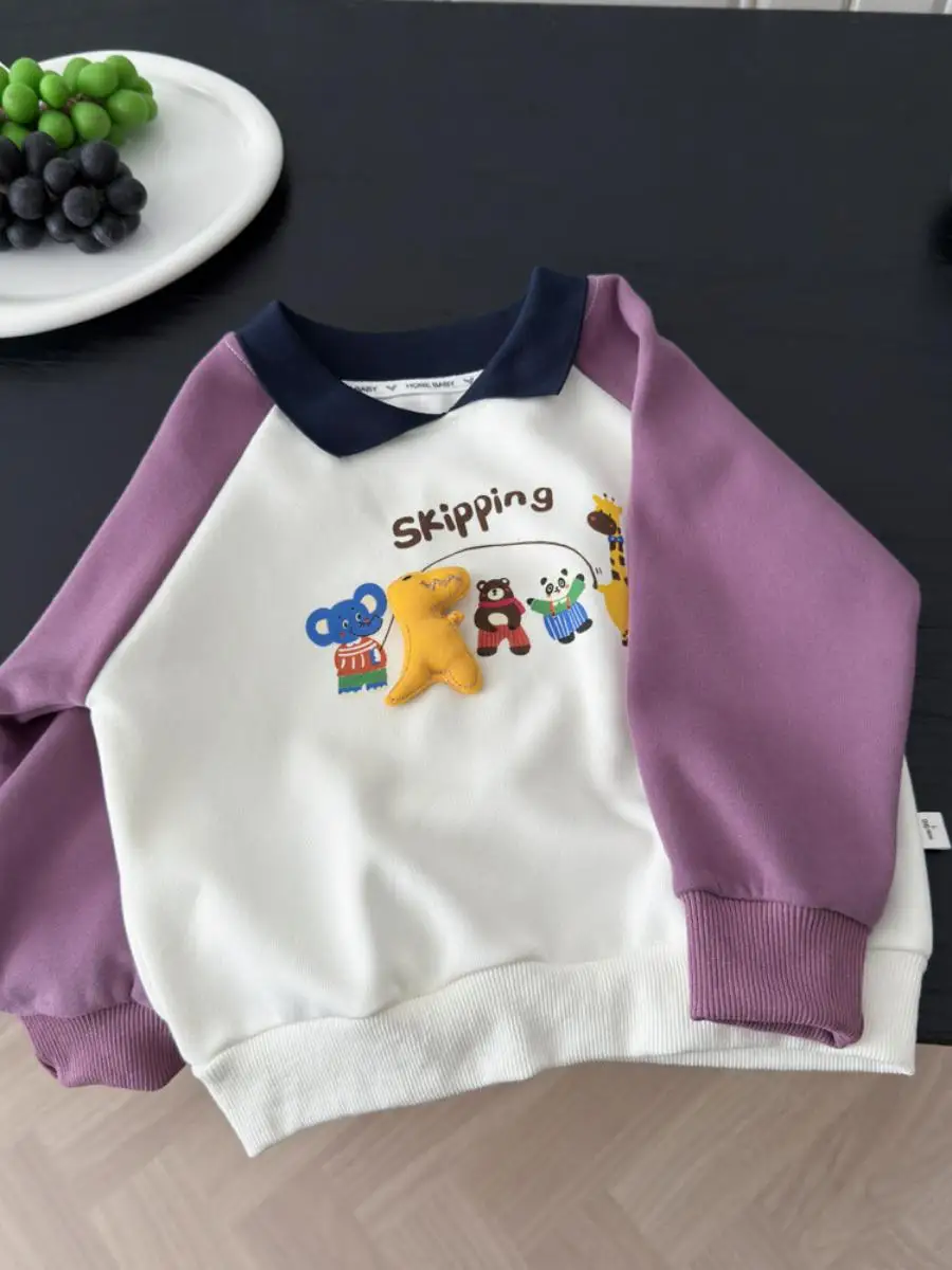 子供用カジュアルアニマル漫画プリントパーカー、襟付きパッチワークトップ、男の子と女の子向け、2025年秋新作