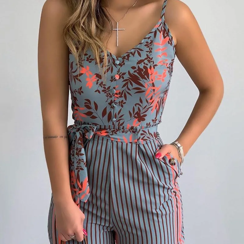 Sexy V Neck Spaghetti Straps Floral Print Women's Short Jumpsuit Women's Beach Ruffle Sleeveless 2024 Fashion Casual Suit