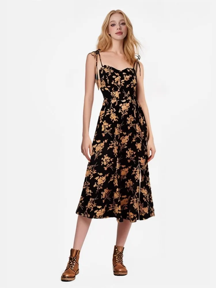 فستان نسائي صيفي جديد بدون أكمام مطبوع على شكل حرف a MIDI ، ملابس نسائية 2025 ، فساتين زهرية للسيدات ، فساتين أنيقة