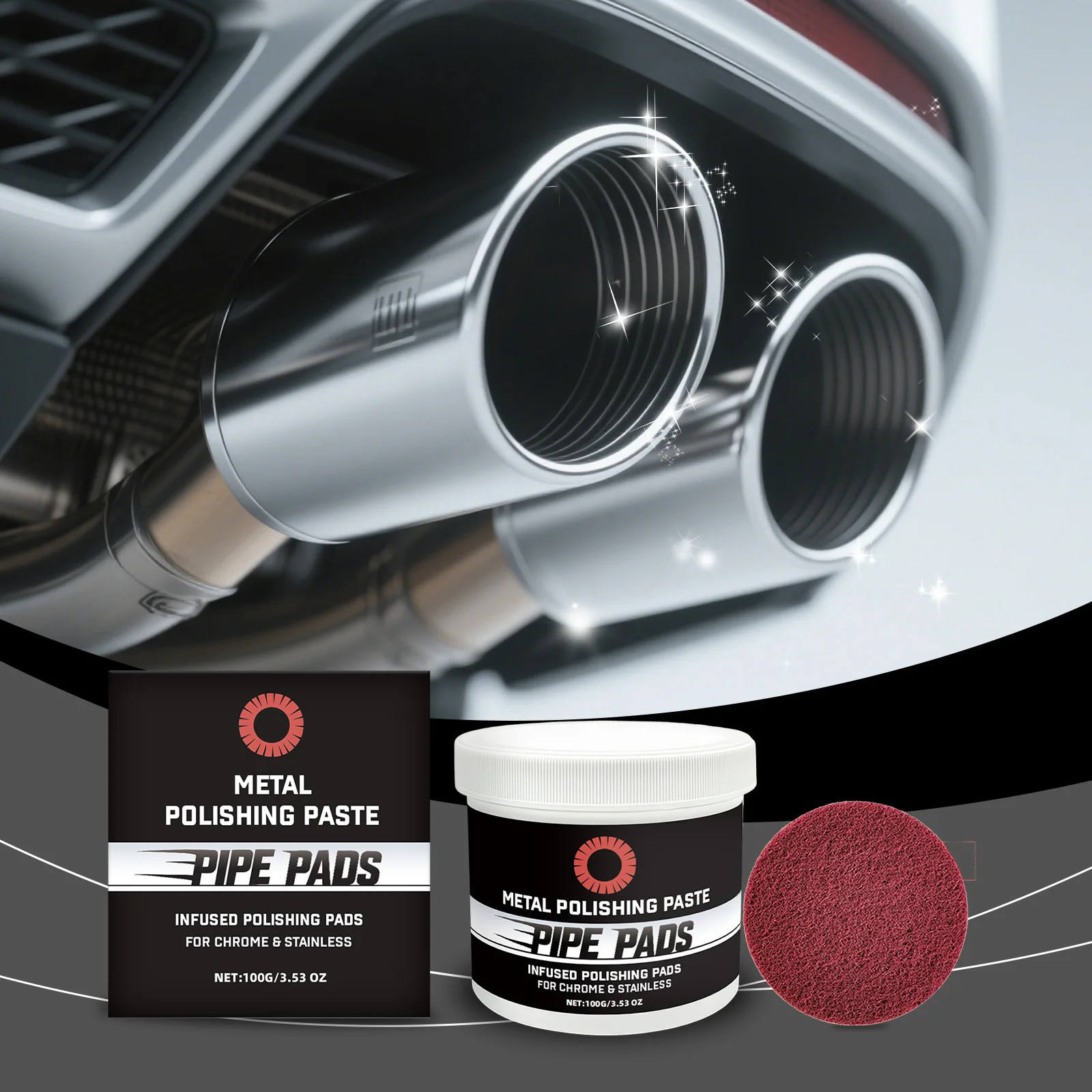 

Metal Polishing Kit for Cars Effective Oxidation Scratch Remover Gloss Restorer for Alloy Wheels, Bumpers, Exhaust Pipes 100G