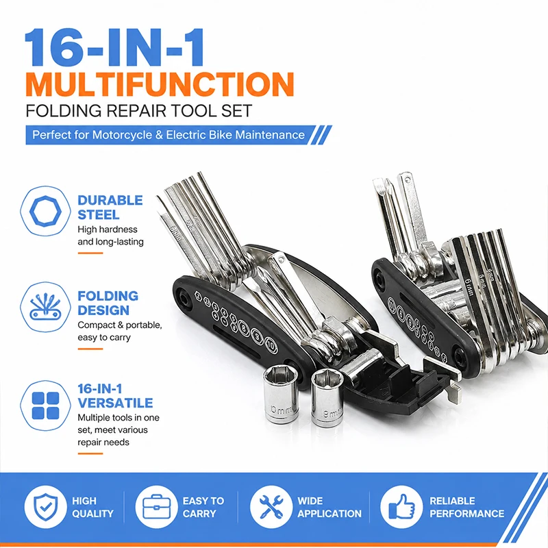 

16-in-1 Motorcycle Electric Bike Repair Tool Set Foldable Combination Screwdriver with Hex Wrenches Portable