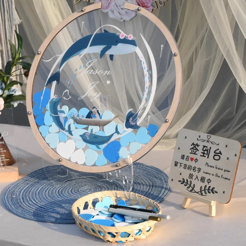 Caja de firma con forma de ballena y pecera transparente redonda personalizada, decoración de boda con tema del océano, libro de visitas personalizado