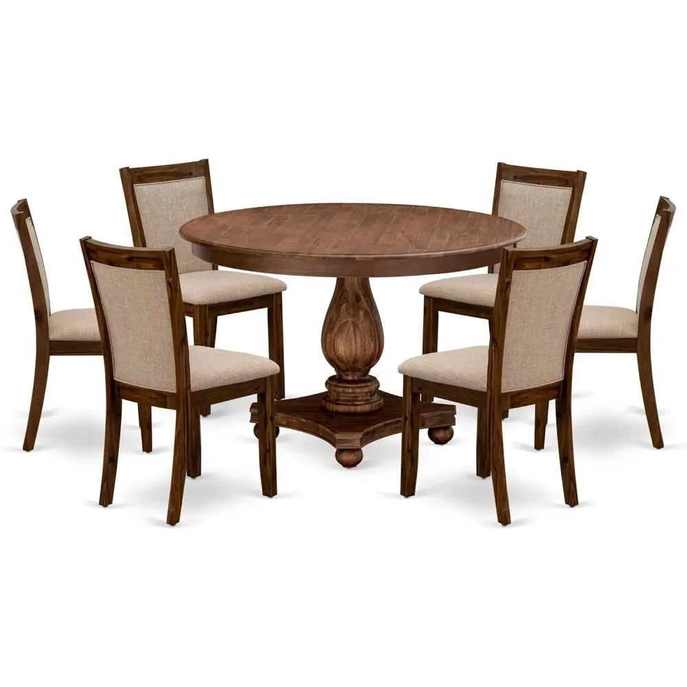 

f2mz7-n04 7 piece dining room furniture set consist of a round dining table with pedestal and 6 light tan linen fabric upholste