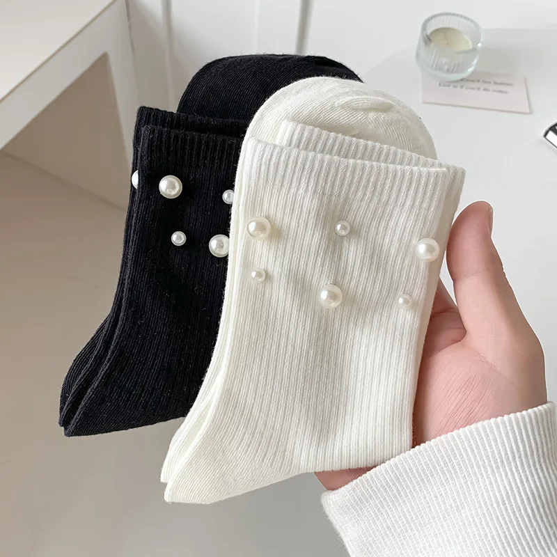 2 pairs Pearl Beaded Socks Women's Summer Thin Black And White Socks Korean Ins Tide Sweet Short Pile Socks Cotton Socks