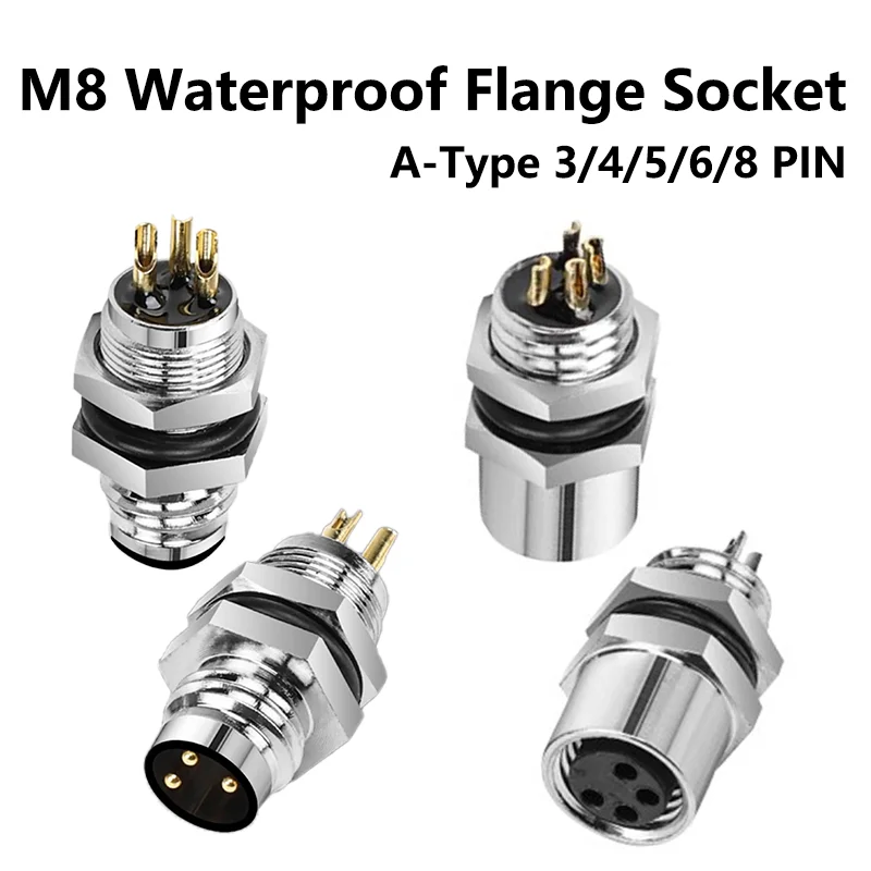 

M8 3/4/5/6/8-Core Pin Male Female Sensor Connector Panel Front/Back Mount Screw Threaded Aviation A Type Flange Socket