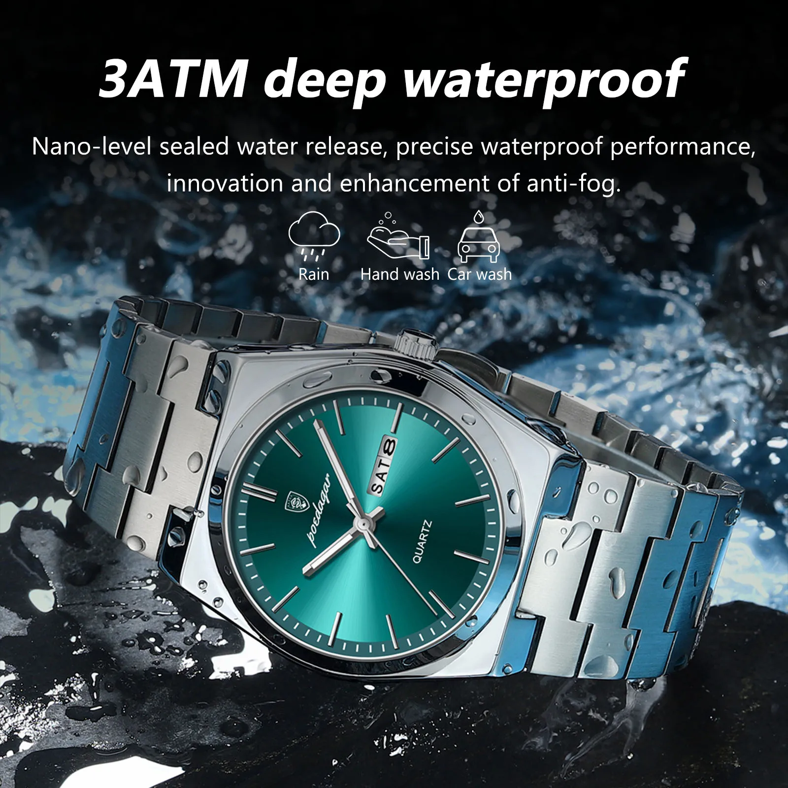 POEDAGAR Luxury Sport Quartz Man Wristwatch Waterproof Luminous Date Week Men Watches Stainless Steel Men's Watch Male Reloj+box