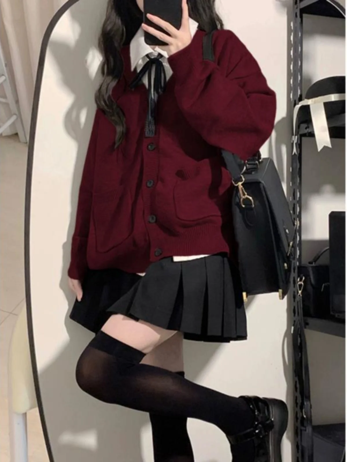 

Autumn Winter Wine Red Open Cardigan Sweater Women's Slimming Lazy Outerwear Four-Piece Set Korean College Sle Faion