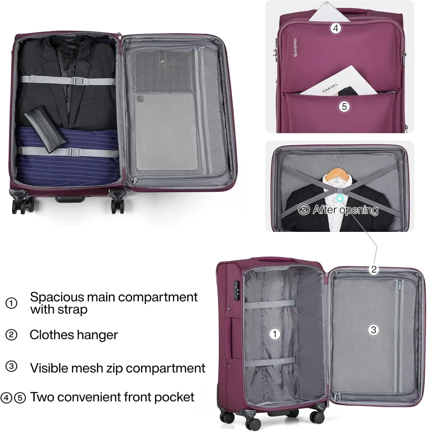 Hanke-Travel Mala Conjuntos com Rodas Spinner, Expansível Carry on Bagagem Set, Softside, Tsa Aprovado, 3 Piece