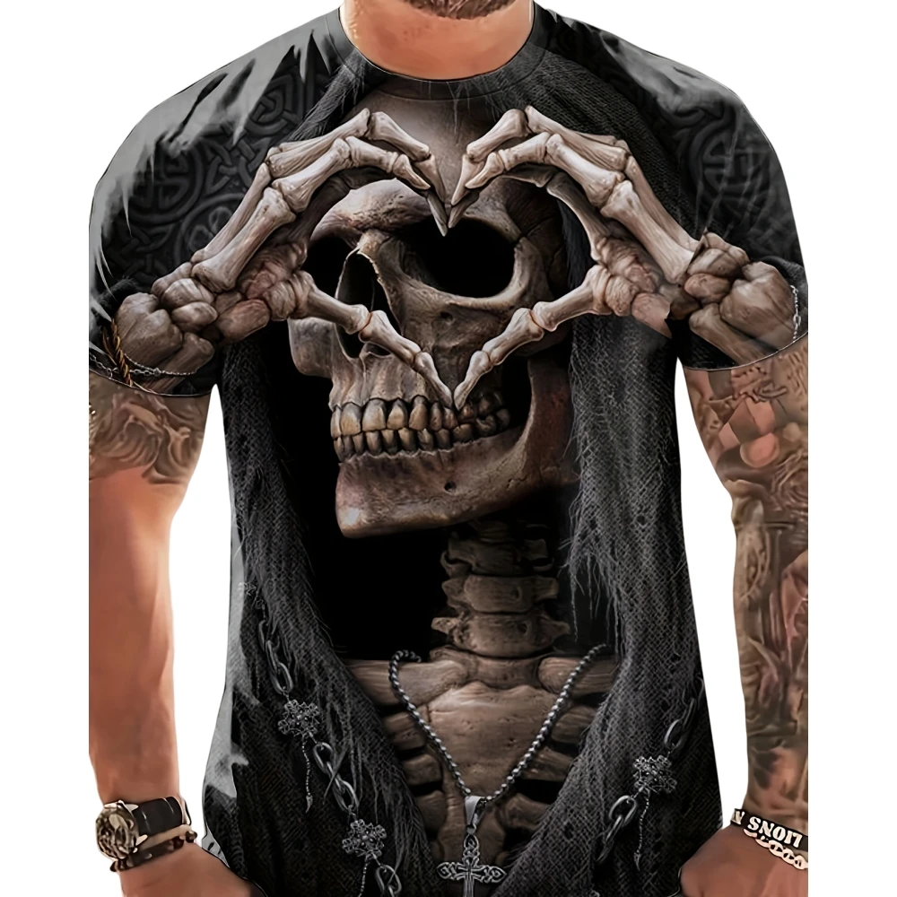 Men T-Shirt 3D Skull Print Casual Crew Neck Tee Short Sleeve Tops Summer Oversized T-Shirt Hip Hop Trend Fashion Men's Clothes image 6