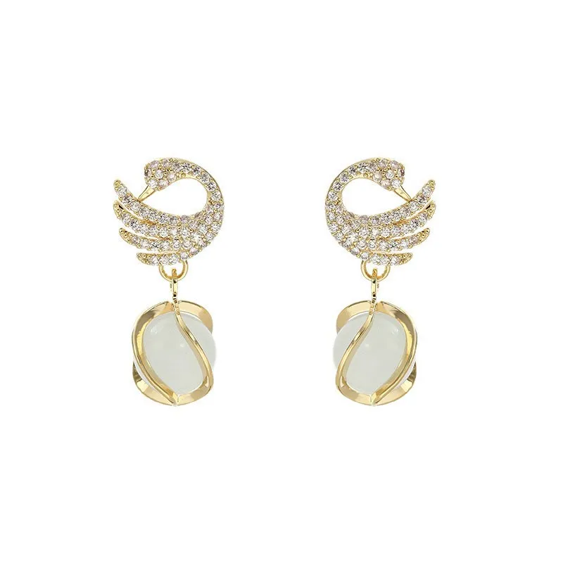 925 Silver Needle Fashion Noble Sparkling Crystal Swan Earrings For Women Korean Cat\'s Eye Stone Drop Earrings 2026 Trendy New