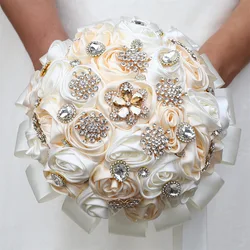 YeeNanee Ivory Champagne Bridal Wedding Bouquet with Crystal Artificial Silk Rose Flower Bouquet for Quinceanera Bride Wedding