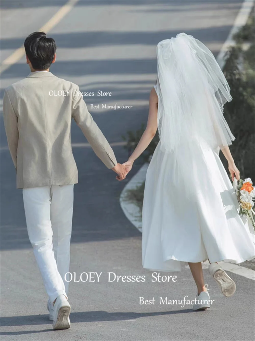 OLOEY Korea Simple Wedding Dresses Photoshoot Square Collar A-Line Mid-Calf Length Satin Bridal Gowns Corset Back Custom Made