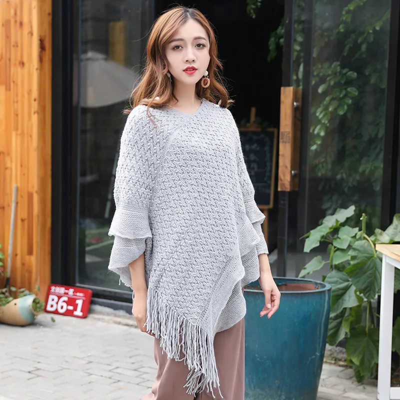 Spring Autumn New Knitted Cloak Coat Female Tassel Loose Thick Pullover Lazy Sweater Smock Shawl Women Fashion Accessories White