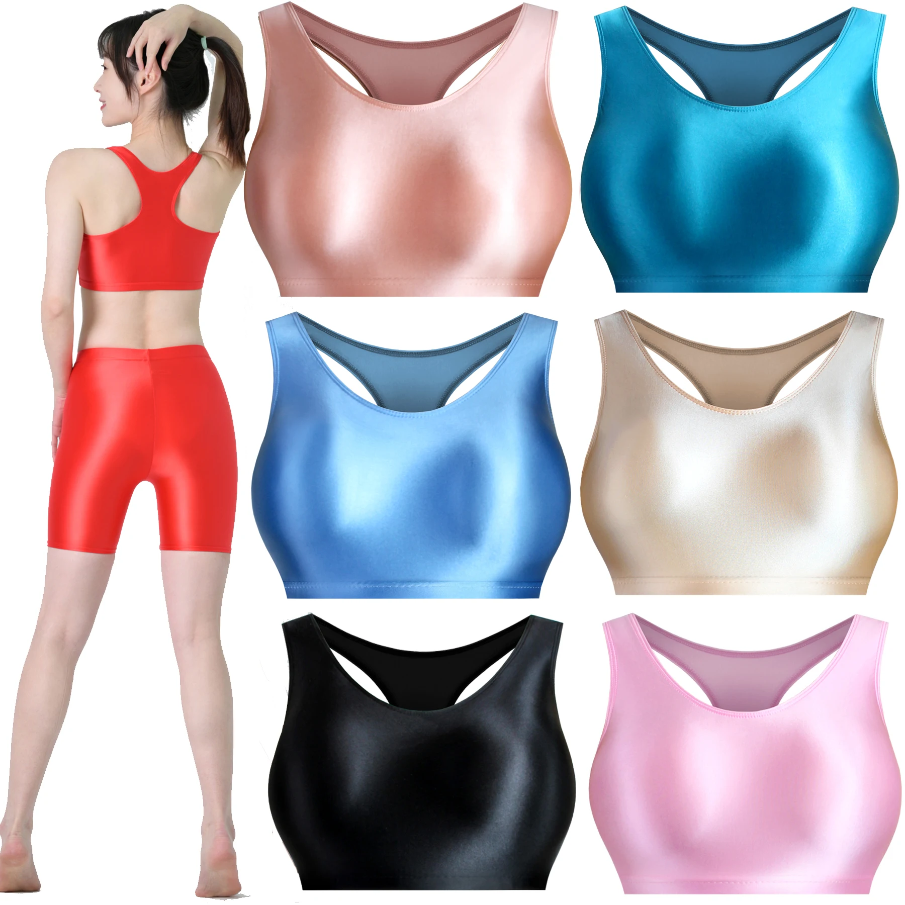 Shiny T-Shirt Satin Glossy Tops Summer Blouse Gym Suit Yoga Fitness Vest Camisole Sportswear Women Round-Neck Tank