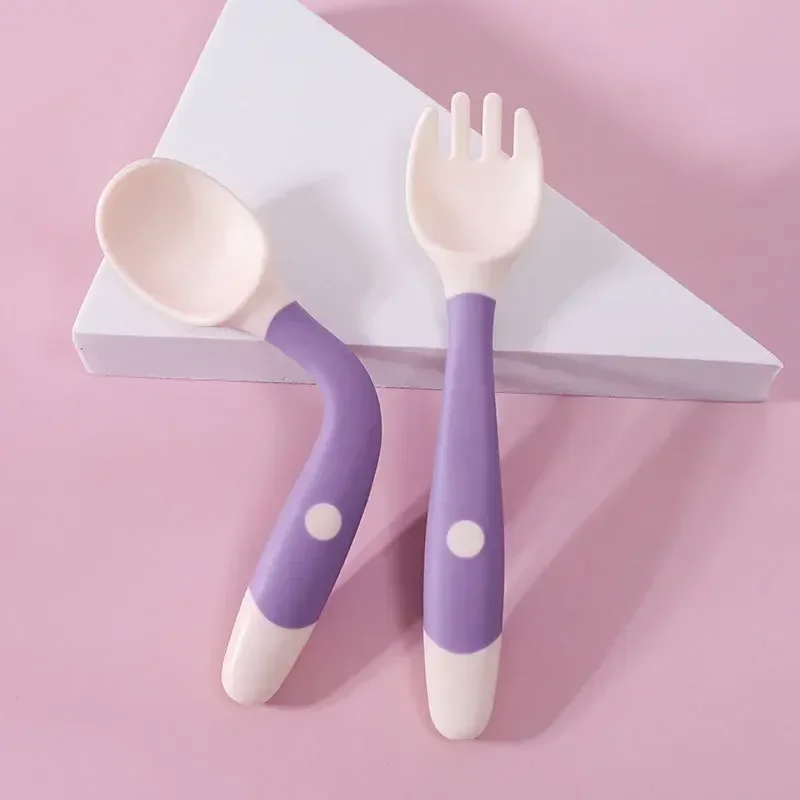 Juego de tenedor cuchara para bebés y niños, Kit de tenedor cuchara de silicona suave y flexible, vajilla, utensilio de cubiertos de alimentación para entrenamiento de niños pequeños