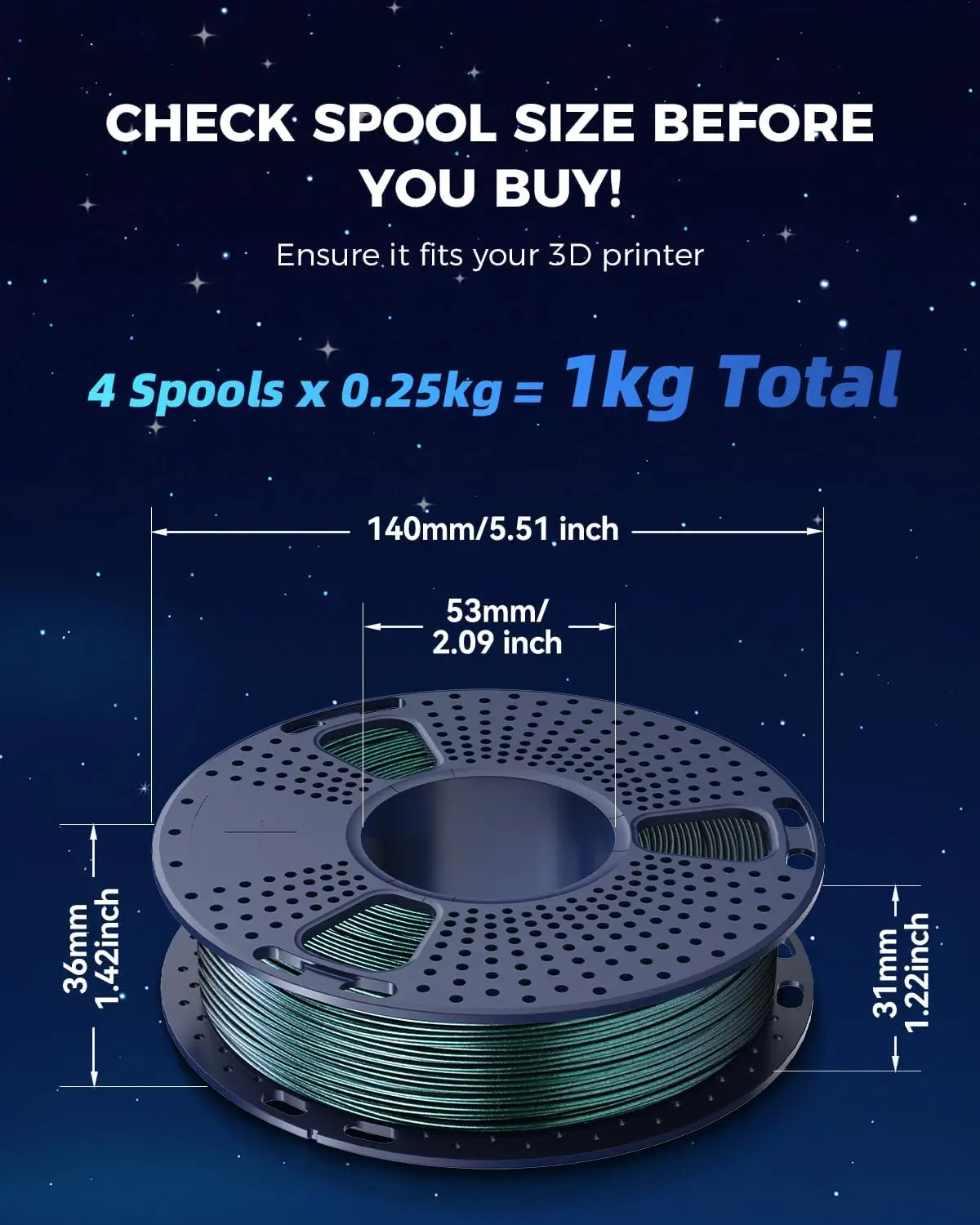 JAYO PLA Galaxy – 1 rolka filamentu do drukarki 3D, średnica 1,75 mm, mieszanka kolorów, bez pęcherzyków, materiał do drukarki 3D FDM, do druku 3D, 1,1 kg. — zdjęcie produktu 5