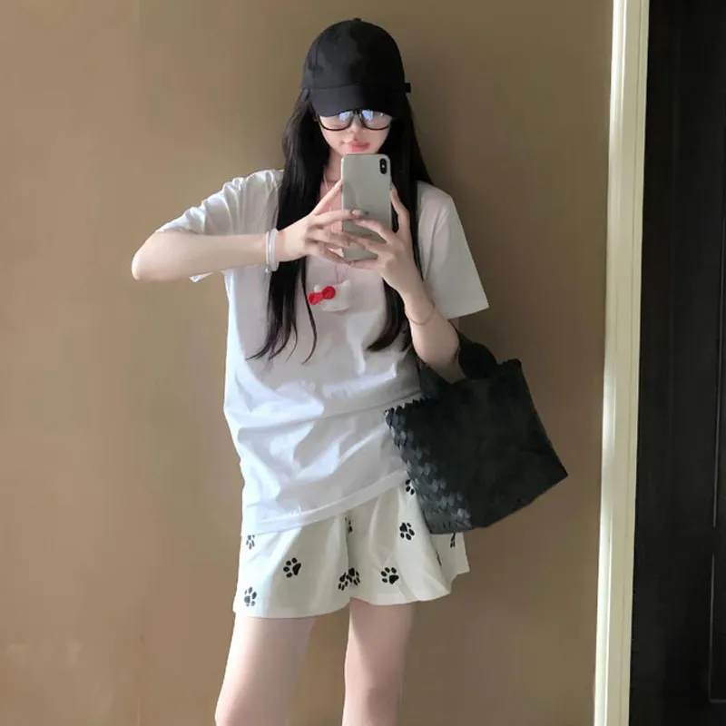 American Style Dog Foot Print Sports Shorts Women Summer Thin Loose Casual Outerwear A-Line Three-quarter Wide Leg Hot Pants