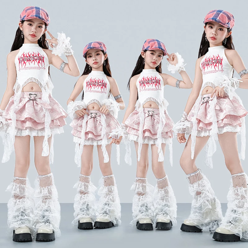 

2026 Jazz Dance Clothes For Girls Kpop Stage Outfit White Crop Top Pink Skirt Kid Model Runway Show Clothing Streetwear VDL5601