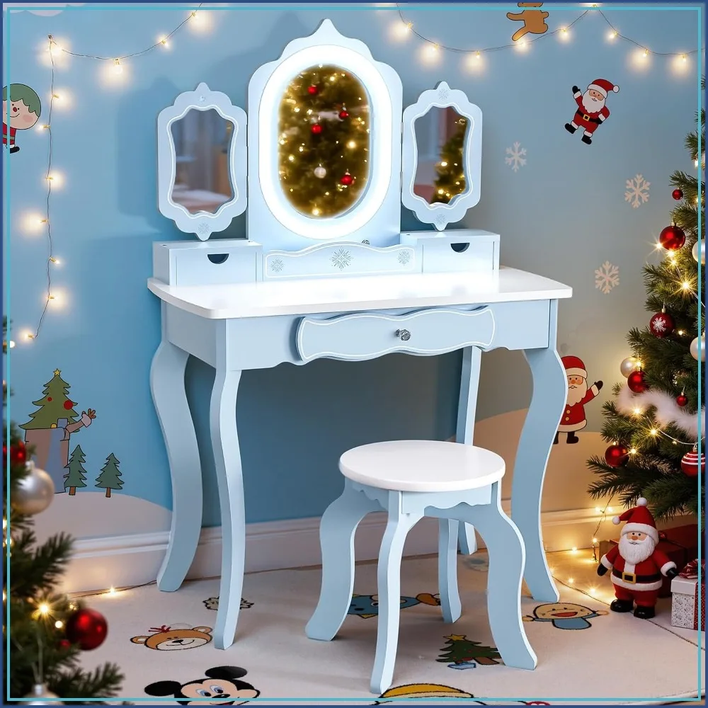 Kids Vanity with Lights Wooden Makeup Desk and Stool Tri-fold Mirror 2-in-1 Pretend Play Blue
