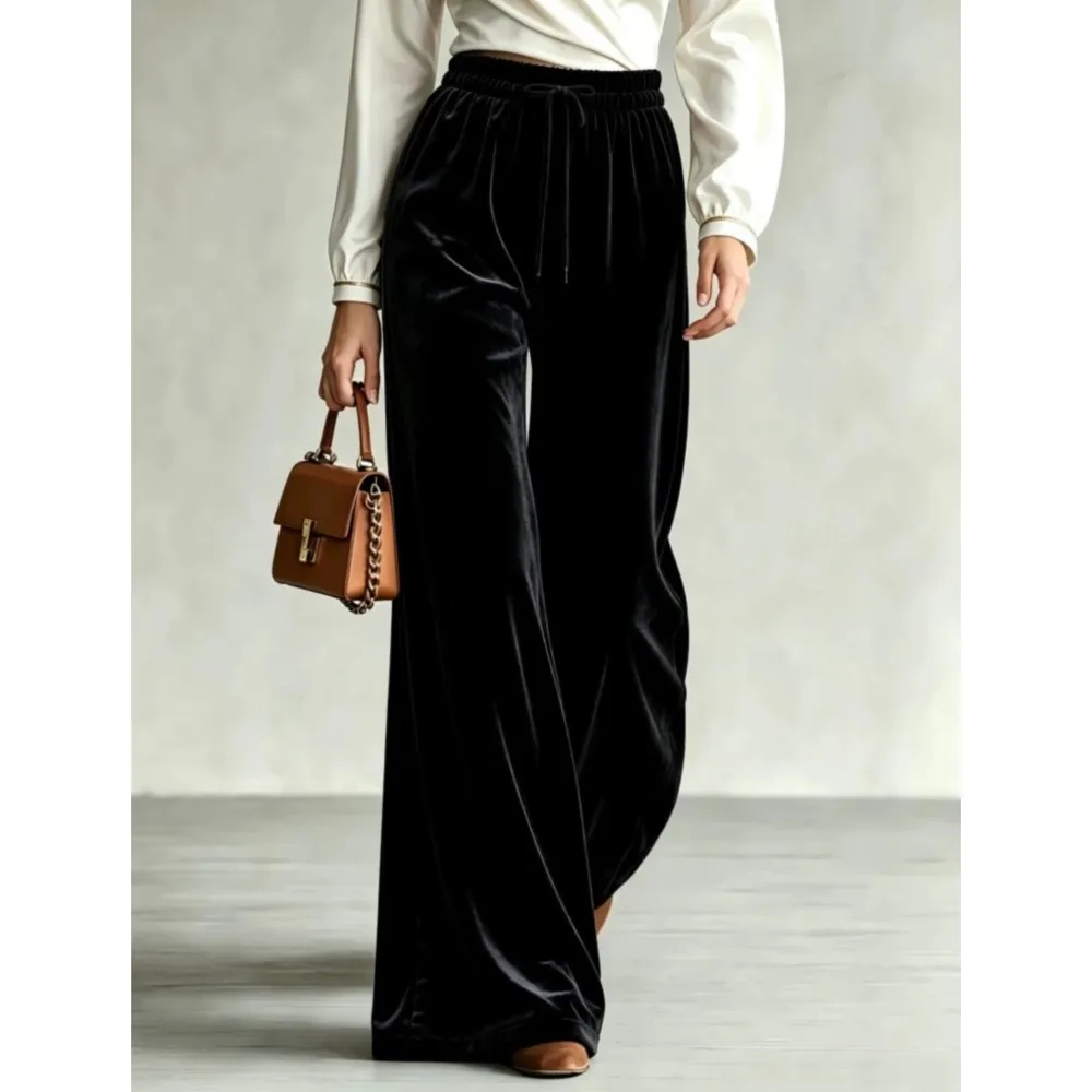 Winter Women's Velvet Wide Leg Long Pants With Fashion Drawstrings Double Pockets High Waisted Casual Female Multi Purpose Pants