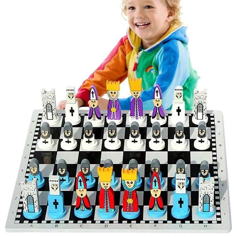 Cartoon Modeling Chess Toys Cartoon Wooden Doll Chess Set Wooden Chess Set Portable For Child Early Educational Board Games