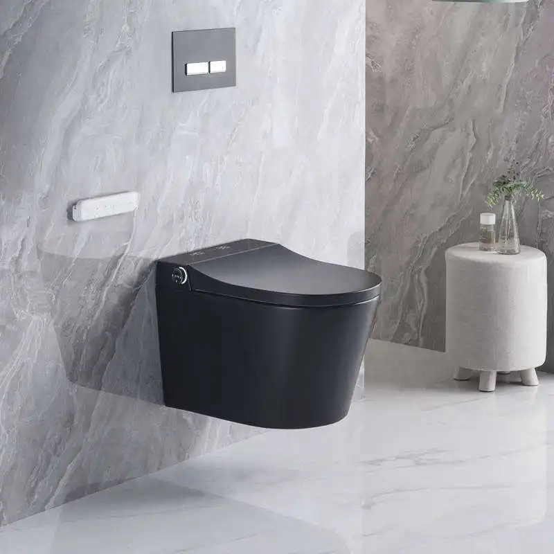Modern Wall-Mounted Drain Toilet with Smart Tank, Smart Matt Black Ceramic Wall-Mounted Toilet