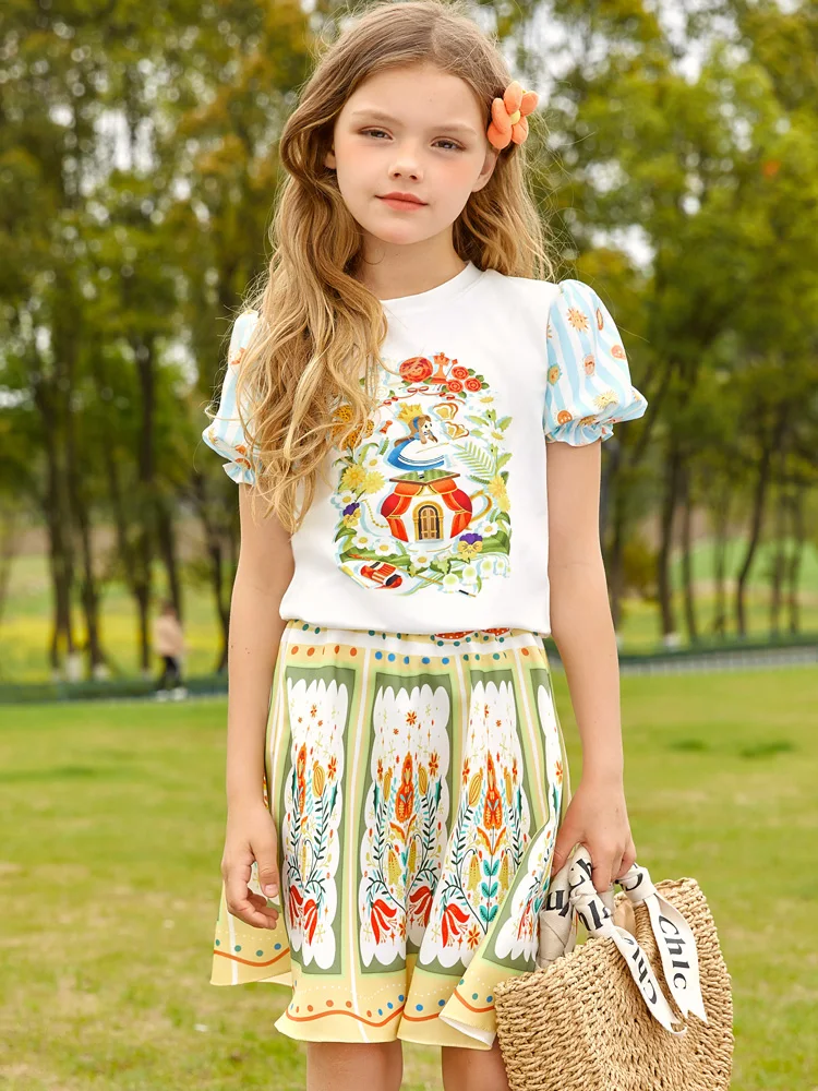 Summer skirt set short-sleeved T-shirt cartoon printed top with skirt