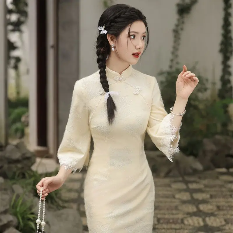 

Cheongsam Lace Chinese Style Republic of China Bell Sleeves Mid-Length Literary Retro Young Women