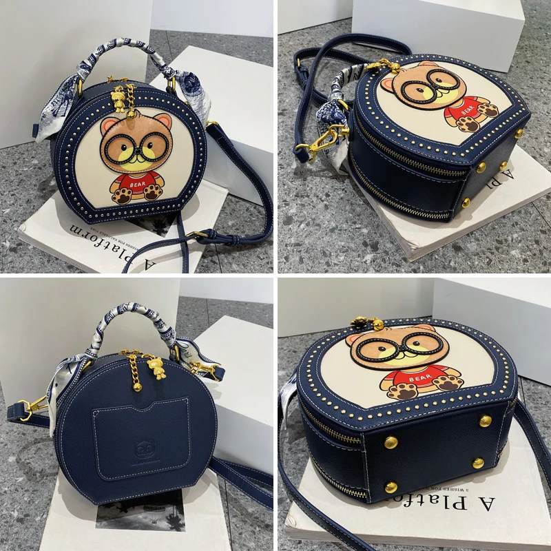 BeiBaoBao Brand Round Women Shoulder Handbag Hi-Q Rivet Crossbody Bags For Women 2023 Cute Bear Applique Circle Messenger Bag