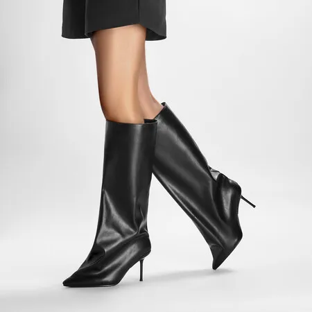 

Luxury Brand Black Pleated Leather High Boots Pointed Stiletto Heel Wide Silhouette Women's Boots Runway Fashion Boots Size 43