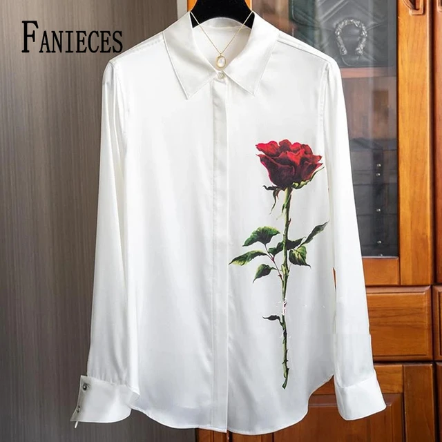 Faniecas Camisa Blanca con estampado de rosas para Mujer blusa holgada de manga larga con solapa ropa de calle informal de gran tamano AliExpress